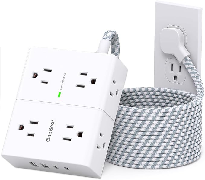 10 Ft Flat Plug Extension Cord with Multiple Outlets, Surge Protector Power Strip 10 Ft Long Cord, 8 Outlet 4 USB Ports (2 USB C), Multi Outlet Wall Plug for Office, College, Dorm Room Essentials