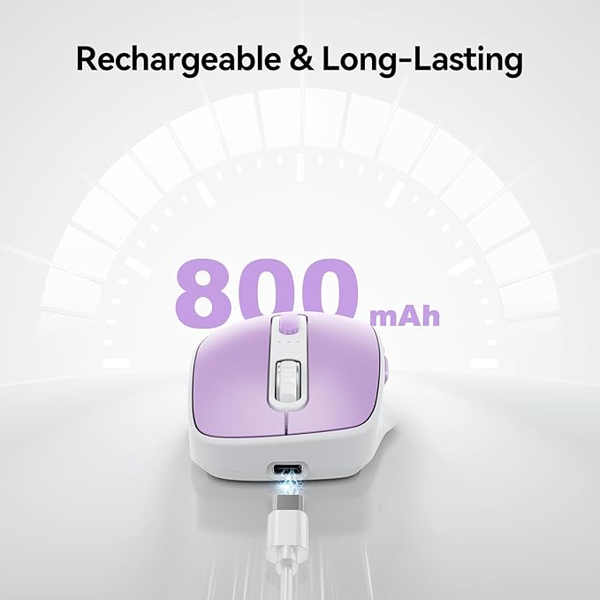 TECKNET 3-Device Wireless Mouse, Rechargeable Dual-Mode (2.4G & BT 5.0), Silent USB-A & Bluetooth Mouse, 6-DPI up to 4800, Wide Compatibility - Purple and White