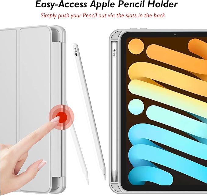 iMieet iPad mini 7 Case 2024 (A17 Pro), iPad mini 6 Case (8.3-Inch,2021 Model), iPad mini 7th/6th Generation Case with Pencil Holder, Trifold Stand Smart Case with Soft TPU Back,Light Gray