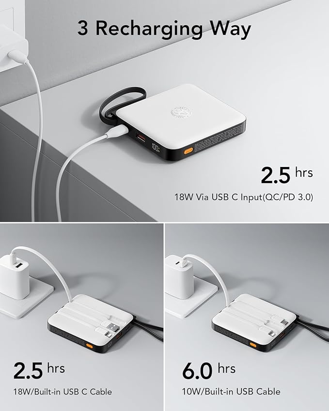 VRURC Battery Pack Charger Portable 10000mAh, 22.5W Power Bank Fast Charging with Built-in Cable, Cell Phone Power Bank for iPhone 17 16 15 & Early Series (White)