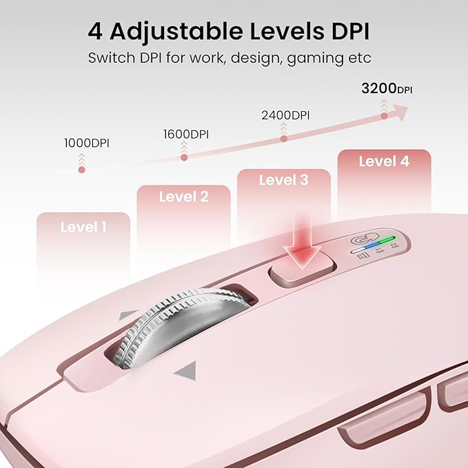 CITLLA Wireless Bluetooth Mouse (USB + BT1 + BT2), Full Size Mouse, 4-Way Scrolling, Multi-Device Silent for Computer, Laptop, iPad, MacBook (Pink)