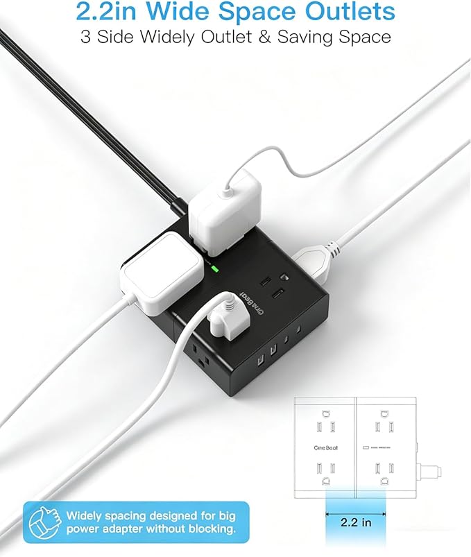 One Beat Surge Protector Power Strip, 6 Ft Ultra Thin Flat Extension Cord with 8 Outlets 4 USB Ports(2 USB C), Flat Plug Power Strip, White Power Strip for Home, Office, Dorm Room Essentials, Black