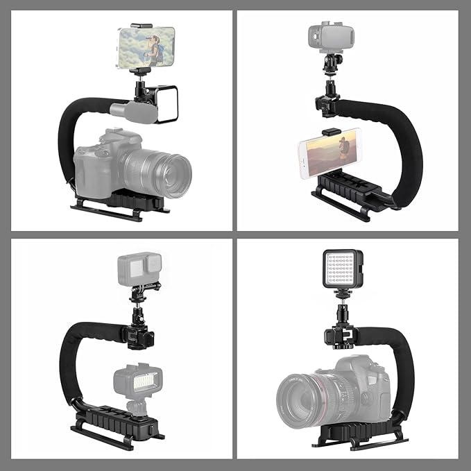 PULUZ U/C Shape Video Action Stabilizing Handle Grip Handheld Stabilizer Kit with Phone Clamp + LED Studio Light for Canon Sony Nikon Cameras and Home DV Camera Smartphones