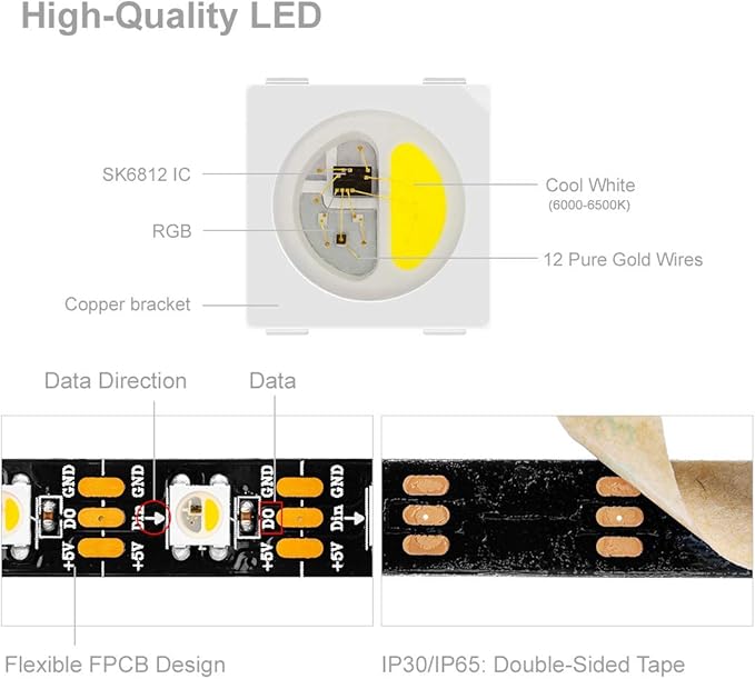 BTF-LIGHTING RGBW RGB+Cool White SK6812 (Similar WS2812B) 4 Colors in 1 LED Strip Individually Addressable 16.4ft 60Pixel/m 300LED Light Dream Color IP65 DC5V Black PCB (No Adapter or Controller)