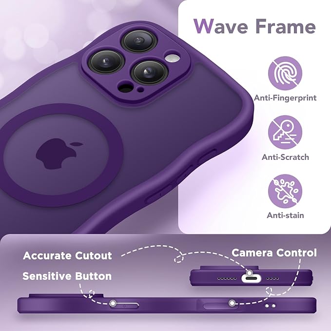 CAPRARO Cute for iPhone 15 Pro Case, Compatible with MagSafe, [Curly Wave Edge] [Full Camera Protection] [14 FT Drop Protection] Magnetic Phone Case for 15 Pro 6.1 Inch, Deep Purple