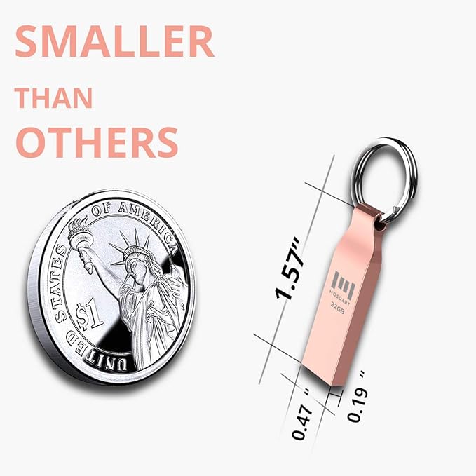MOSDART Waterproof 32GB USB2.0 Flash Drive, FAT32 Metal Memory Stick with Keychain, for System Back, Data Storage, Rose Gold