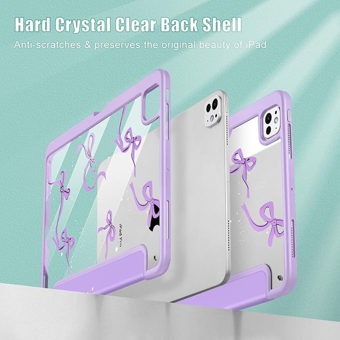 May Chen for iPad Pro 13 Inch Case M5 2025 / M4 2024, Built Pencil Holder & Clear Transparent Print Back Shell Slim Stand Shockproof Tablet Cover, Auto Wake/Sleep, Purple Bows