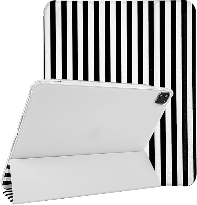 Lovmooful Compatible for iPad Pro 12.9-Inch 2022/2021/2020/2018 (6th/5th/4th/3rd Generation) Case with Pencil Holder Cute Striped with Aesthetic Design Soft TPU Trifold Stand Protective-Black&White