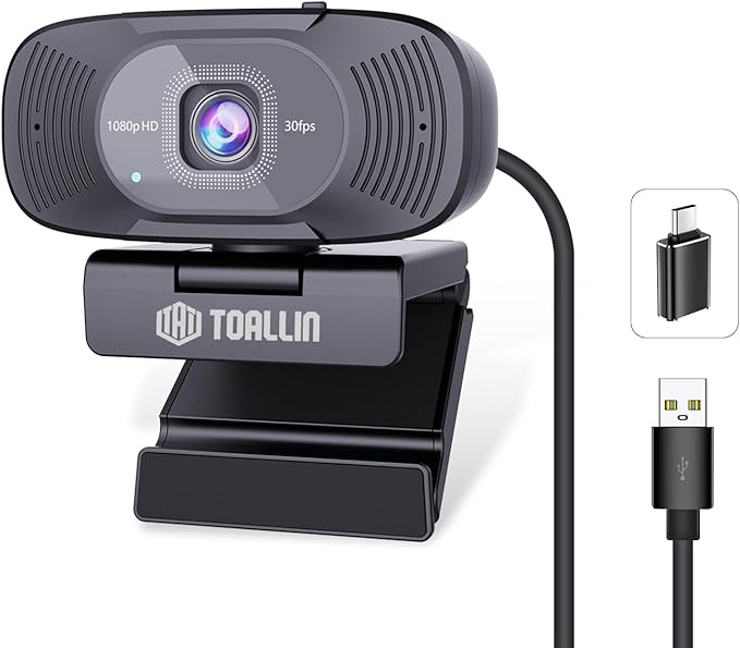 TOALLIN 1080P Full HD Webcam with Dual Microphones, Computer Web Camera, 90° Wide Angle View Without Distortion, USB Plug and Play Webcam for Video Conferencing/Online Calling/Live Streaming