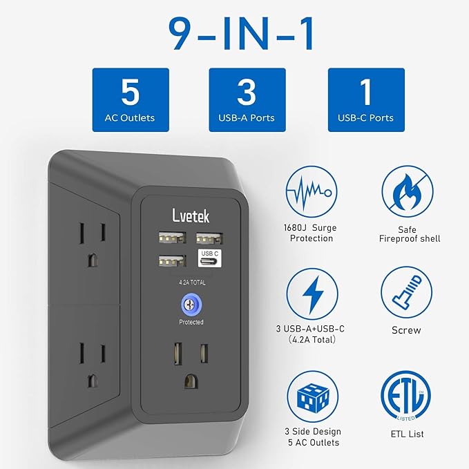 Surge Protector Outlet with 5-Multi Plug Outlet and 4 USB Ports (1 USB C), 3-Sided 1680J Power Strip Wall Charger for Home, Travel, Office - ETL Listed, Black