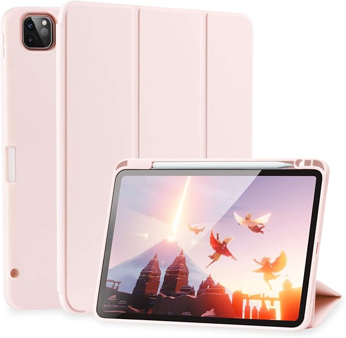 Cases for iPad Pro 12.9 Case 6th/5th/4th Generation (2022/2021/2020) with Pencil Holder [Apple Pencil Wireless Charging] Soft TPU Smart Tri-fold Stand Protective Cover(Pink)