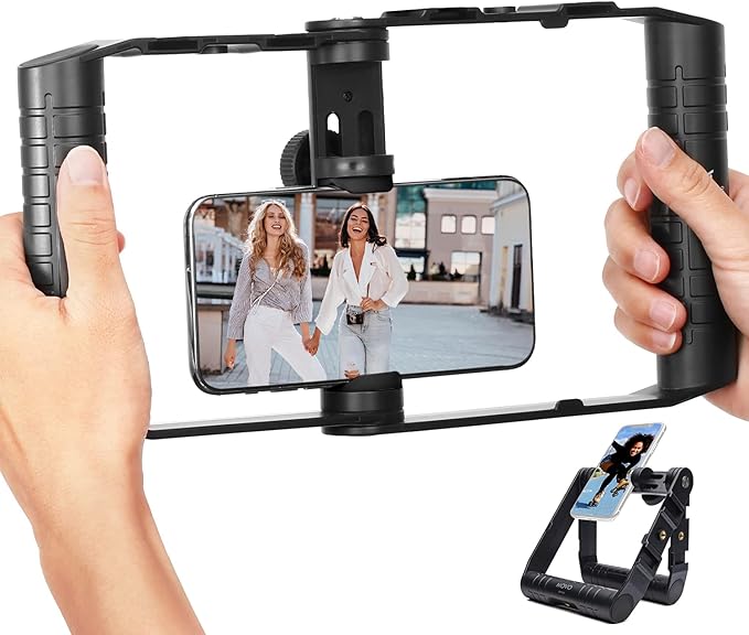 Movo SPR-20 Foldable Smartphone Video Rig Cage with Cold Shoe Mounts for Microphone or LED Light - Vlogging Mount Compatible with iPhone, Android - Smartphone Video Stabilizer Grip - Filming Equipment