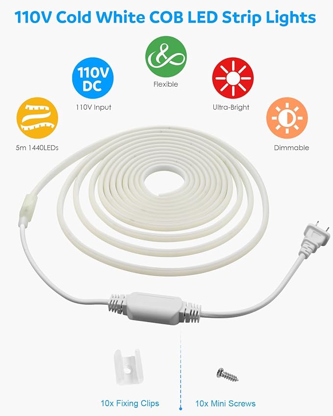 Aclorol COB LED Strip Lights 16.4FT Outdoor LED Flexible Light Waterproof AC 110V-120V LED Rope Light Plug in for Bedroom High Density Uniform COB Light Super White 6000K for Patio Grade Building