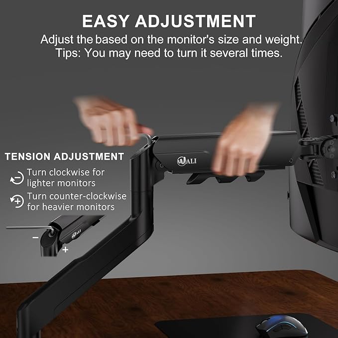 WALI Heavy Duty Single Monitor Arm for 17-49 Inch Flat Curved Ultrawide Screens, up to 33 Lbs, Adjustable Single Monitor Desk Mount for Home Office Gaming, VESA 75/100mm (GSM001XLN), Black