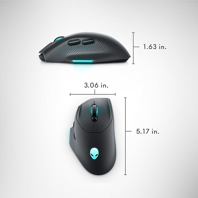 Alienware Wireless Gaming Mouse AW620M - Wireless/Wired, 1 x USB - 4 pin USB Type A, 26000 dpi, 3.52oz (99g) Weight, 7 Buttons, Non-Slip Grip, up to 140 Hours of Gaming - Dark Side of The Moon
