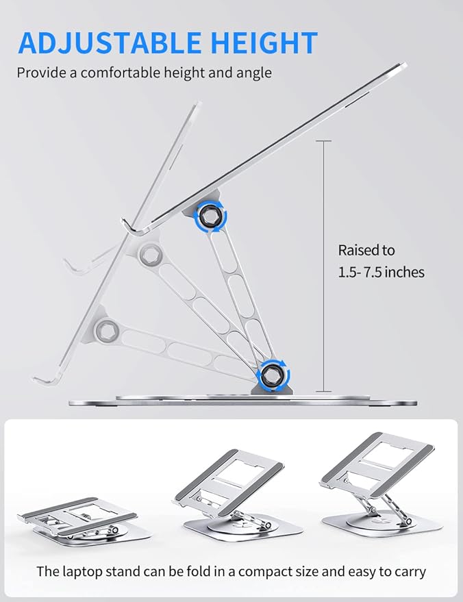 AOEVI Adjustable Computer Stand with 360 Rotating Base, Ergonimic Foldable Laptop Riser for Desk Compatible with MacBook Pro/Air Notebook up to 16 Inches, Silver