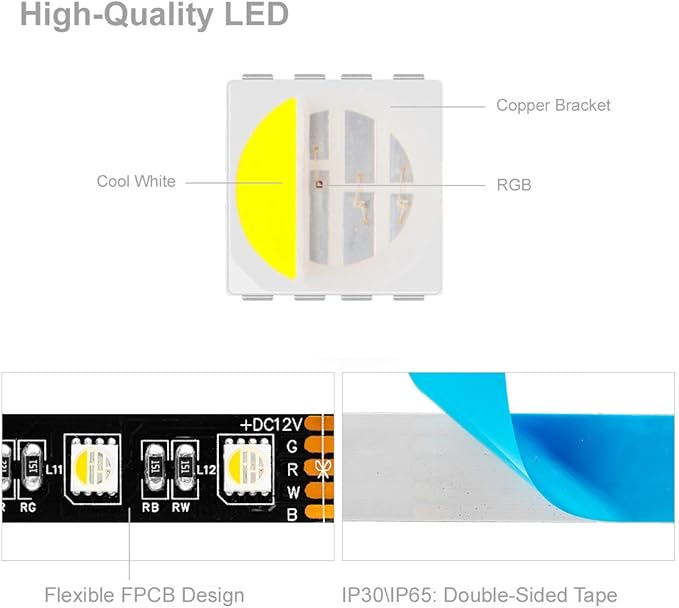 BTF-LIGHTING RGBW LED Strip Lights,UL Listed,5050 4 Colors in 1 RGB + 6000K-7000K Cool White,12V DC,16.4ft/5m 60LEDs/m 12mm Black PCB, IP65 Waterproof for Home Decoration(No Adapter or Controller)