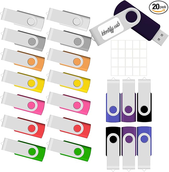 JBOS 2GB USB Flash Drive 20 Pack - 2GB USB Drives - Memory Stick - Swivel - USB2.0 - Pen Drive - Mixed Color