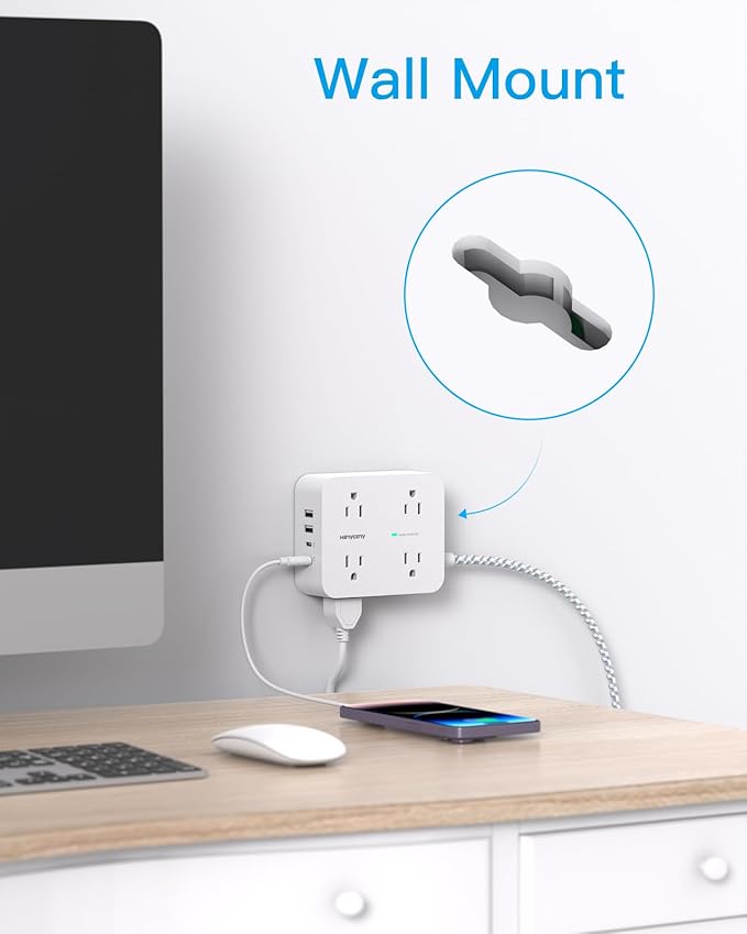 PD 30W USB C Power Strip 15Ft, HANYCONY 8 Outlets Surge Protector 4 USB (2 USB C Ports), 1080J Desk Charging Station for Multiple Devices, Flat Plug Extension Cord for College Dorm Room Essentials