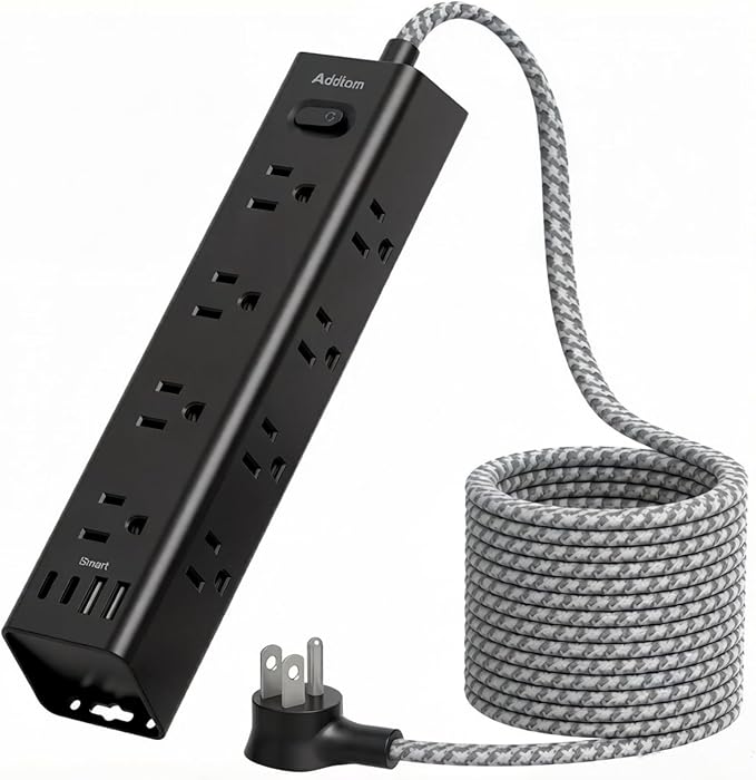 Addtam Black Power Strip Surge Protector with 12 AC Outlets & 4 USB Ports, 15FT Extension Cord, Flat Plug, Wall Mount, 1050J, Outlet Extender for Home Office Gaming Desk Setup, ETL Listed