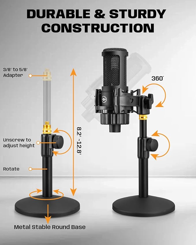 XLR Condenser Microphone with 26mm Large Diaphragm, Professional Cardioid Recording Studio Mic Kit with Metal Desktop Stand, Pop Filter for Streaming, Podcasting, Gaming, Voice-Over, Vocal, Youtube