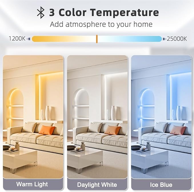 Tenmiro White LED Strip Lights 32.8ft (1200 LEDs) Super Bright 25000K Daylight White, 3Color Temperature Dimmable with Smart App & Remote Control for Bedroom Kitchen Commercial Home Lighting Decor