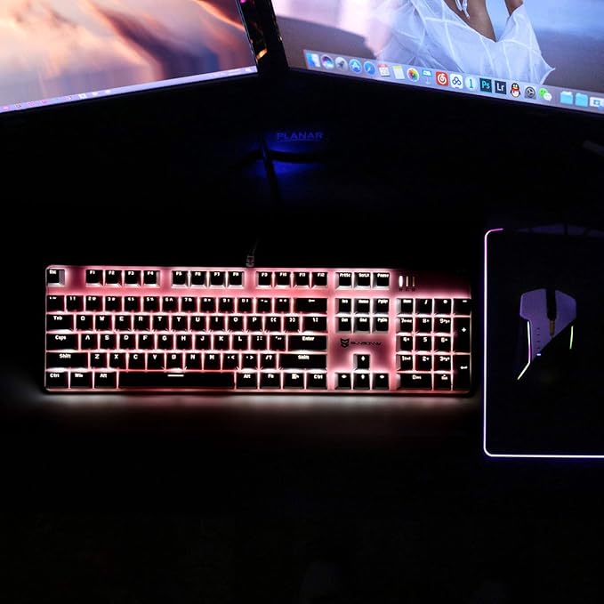 Merdia 104 Keys Full Size Mechanical Keyboard | Blue Switch, Pink & White Color 104 Keys US Layout Led Backlit Hot Swappable Wired Mechanical Light Up Pink Keyboard | Wired Gaming Computer Keyboards