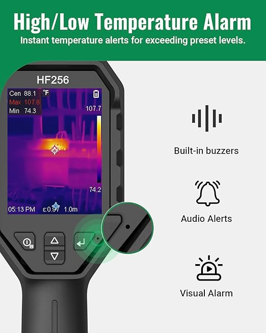 HF256 Thermal Imaging Camera, 256 x 192 IR Resolution, Super Resolution 320 x 240 Therma Camera, 3.2" LCD Screen, 25 Hz Frame Rate, High/Low-Temperature Alarm, 16 GB Storage Infrared Camera