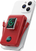 Magnetic Portable Charger for MagSafe with Built-in Cable,iWatch Charger,10800mAh Wireless Power Bank Travel Essentials,25W PD Fast Charging Battery Pack for iPhone 17/16/15/14/13/12,Apple Watch-Red