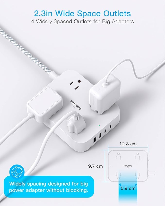 Surge Protector Power Strip, HANYCONY 5Ft Extension Cord with 4 USB Ports(2 USB C), 4 Widely Outlets Extender, Wall Mount, Desk Charging Station for Office School Travel College Dorm Room Essentials