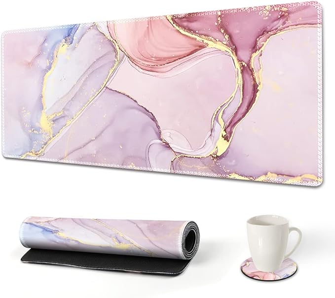 AIMSA Extended Gaming Mouse Pad, XL Large Keyboard Mouse Mat Desk Pad with Stitched Edges, Durable Non-Slip Base Mousepad for Home Office Work, 35x15.7inch, Pink Purple Marble