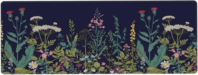 Flower Extended Gaming Mouse Pad Abstract Black Desk Mat 31.5x11.8 Inch Floral Texture Non-Slip Rubber Base Weeds Mousepad Stitched Edges Keyboard Mouse Mat Desk Pad for Office Home Game