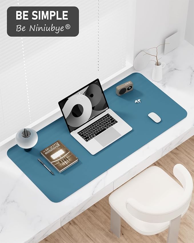 Desk Pad, 35.5" x 17" PU Leather Non-Slip Desk Mat Large Mouse Pad for Desktop, Waterproof Laptop Computer Writing Mat for Office, Home, Work, Gaming, Dark Blue