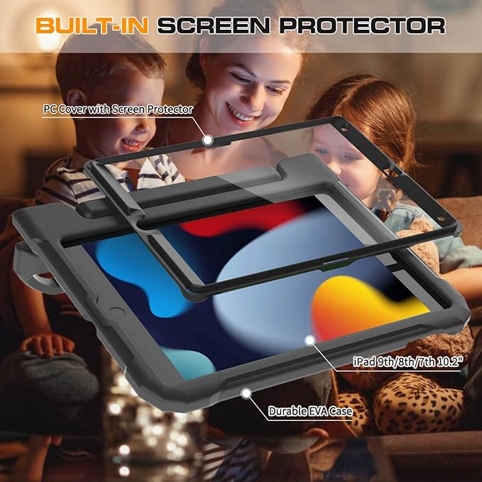 Kids Case for iPad 9th/8th/7th Generation 10.2 Inch 2021/2020/2019, Case for iPad Air 3rd Gen/Pro 10.5 Inch, Durable Shockproof Cover with Screen Protector for iPad 10.2 & 10.5, Black
