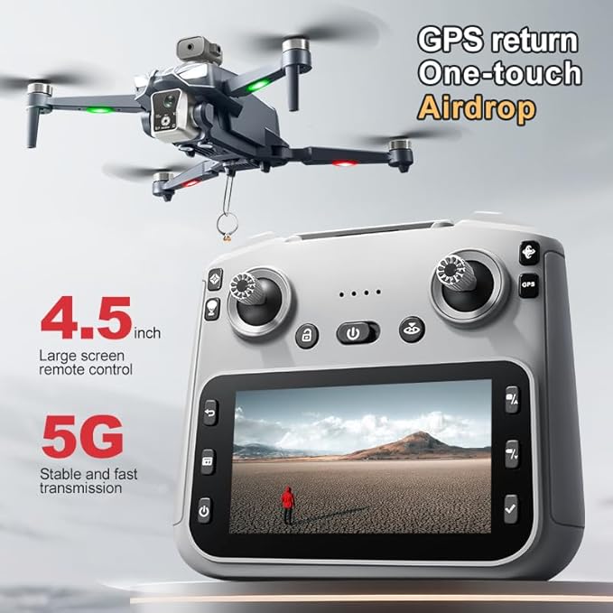 K18 GPS Drones with Camera for Adults 4K, RC Drone with 4.5" HD Screen on Controller, 60 Mins Flight Time, Long Range Transmission, Obstacle Avoidance, Follow Me, Auto Return, Brushless Motor, Under 249g, Lightweight and Foldable Quadcopter for Beginne...