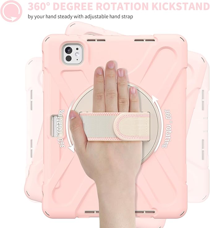 Batianda Case for New iPad Pro 11-inch 2025 M5 2024 M4 Chip Heavy Duty Rugged Durability Silicone Tablet Cover with 360° Rotating Hand Strap Foldable Hidden Stand & Shoulder Strap, Pink