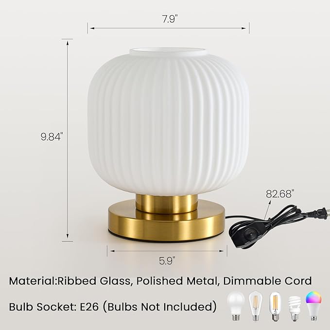 Globe Glass Mid Century Lamp: 7.9" Dimmable Milky White Brass Small Plug in Table Lamps - Vintage Cute Bedroom Ambient Bedside Nightstand Lamp - Modern Entryway Desk Shelf Gold Decorative Ribbed Lamps