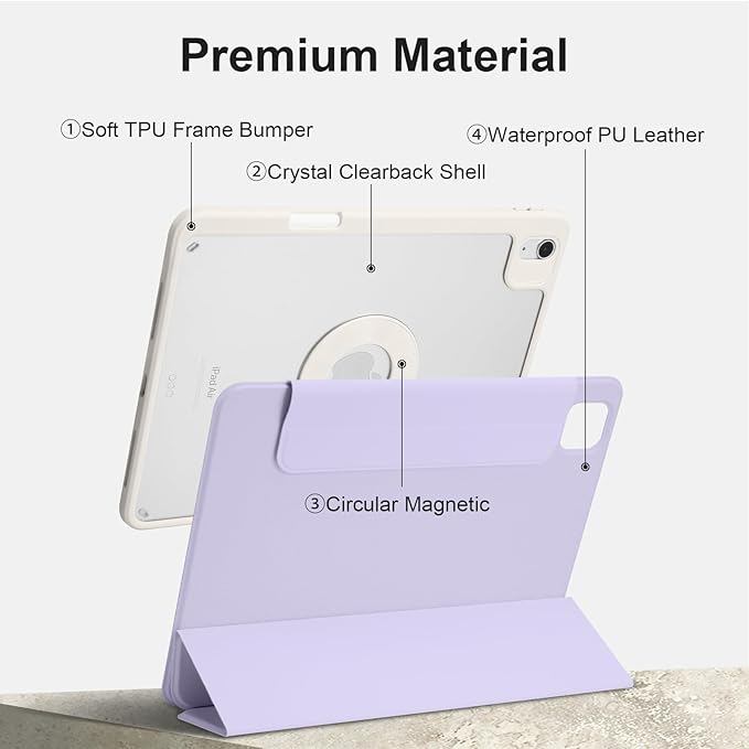 Case for iPad Air 11" M4/M3/M2 2026/2025/2024, iPad Air 10.9" 5th/4th 2022/2020, iPad Pro 11" 4th/3rd/2nd 2022/2021/2020 with Pencil Holder, Vertical Stand, Detachable Magnetic, Lilac+White