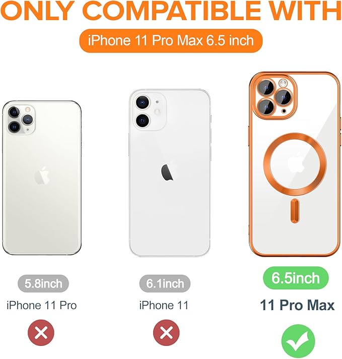 Hython Magnetic Clear for iPhone 11 Pro Max Case with Camera Lens Protector [Compatible with MagSafe] Plating Edge Slim Soft TPU Cover Protective Phone Case for iPhone 11 Pro Max 6.5", Matte Orange