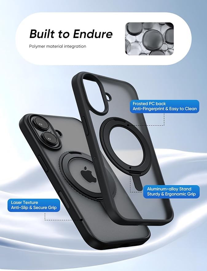 MAGIC JOHN 360° Rotatable Magnetic Invisible Stand for iPhone 16 Case [Camera Control Button] [Compatible with MagSafe] 16FT Shockof for iPhone 16 Case with Kickstand, Black