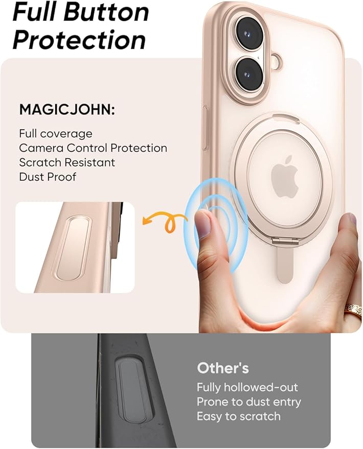 MAGIC JOHN 360° Rotatable Magnetic Invisible Stand for iPhone 16 Case [Camera Control Button] [Compatible with MagSafe] 16FT Shockof for iPhone 16 Case with Kickstand, Rose Gold