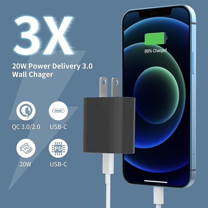 iGENJUN 3Pack USB C Charger Block 20W, PD 3.0 Type C Wall Chargers USBC Power Adapter Brick Cube Fast Charger for Phone 17/17 Pro/16/15, Galaxy, Pixel, AirPods Pro-Black