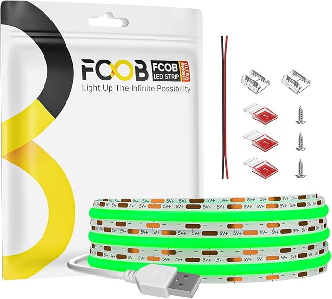 6.56FT/2M 5V USB LED Light Strip Green Flexible High Density COB Strips 640LEDs, 8mm LED Tape for Under Cabinet Bedroom No Controller and Power