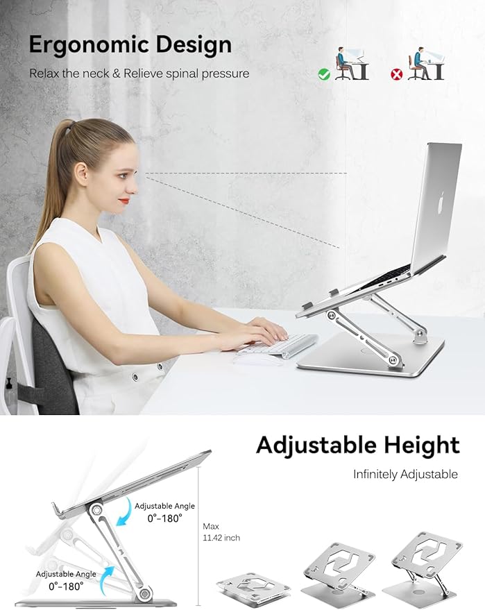 ivoler Adjustable Laptop Stand with 360° Rotating Base, Ergonomic Laptop Stand for Desk, Foldable & Portable Laptop Riser, for Collaborative Work, Fit MacBook Laptops up to 16 inches Silver