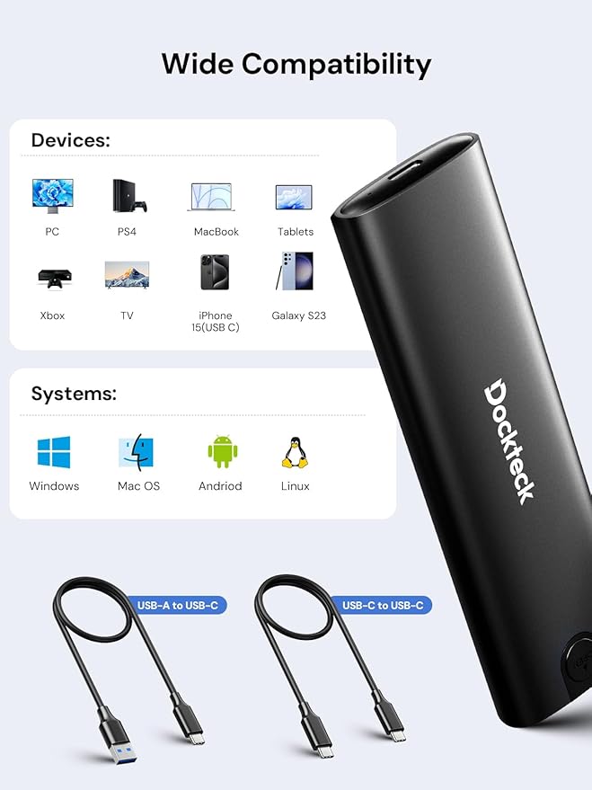 dockteck M.2 NVMe SATA SSD Enclosure Adapter, Tool-Free USB 3.2 Gen 2 10Gbps NVMe to USB Adapter for SSDs 2230/2242/2260/2280, External Solid State Drive Case Supports M-Key/B+M Key and UASP (Black)