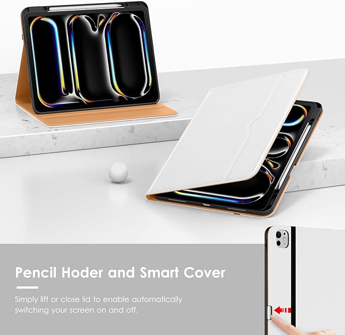 VIKESI Case for iPad Pro 13-inch M5 or M4 Released in 2025 or 2024, Leather Stand Cover with Apple Pencil Holder, Auto Wake/Sleep, Multiple Viewing Angles, Built in Hand Strap & Pocket,White