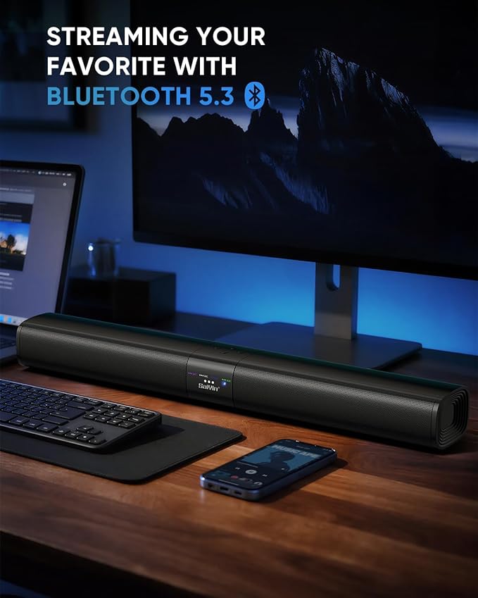 Saiyin Sound Bar for Smart TV, Detachable Soundbar TV Speaker with Bluetooth/ARC/Optical/AUX Input, Super Diaphragm Driver and 3 Preset Sound Effects for TV/PC/Projector.