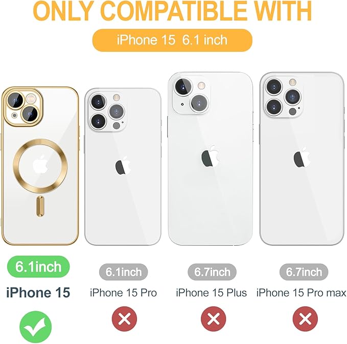 Hython Magnetic Clear for iPhone 15 Case with Camera Lens Protector [Compatible with MagSafe] Luxury Plating Edge Slim Soft TPU Cover Protective Phone Case for iPhone 15 6.1", Gold