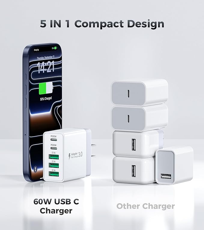 [2-Pack] 60W USB C Wall Charger,5-Port Fast USB C Charging Block 30W Type C Power Adapter,2USB C+3USB A Multiport Charging Cube USB A Wall Plug for iPhone 17/16/15 Pro Max Plus, MacBook,Samsung Galaxy