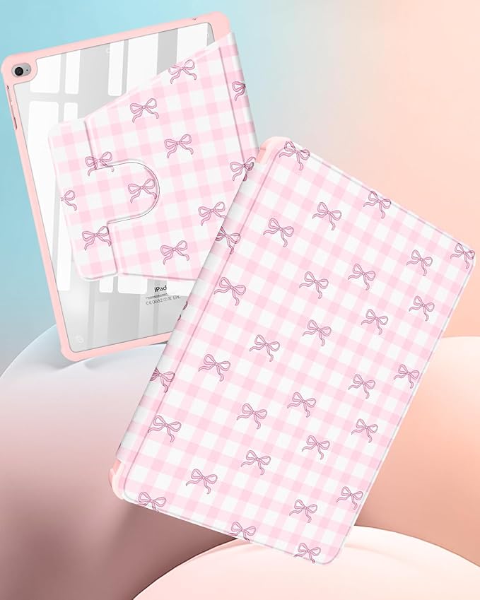 Uppuppy for iPad 5th/6th Generation Case for iPad Air 1st/Air 2nd/Pro 9.7 inch 2016 Case - 360 Rotating Stand Folio Smart Cover with Pencil Holder for Women Girls, Pink Bow Checkered for Apple Tablet